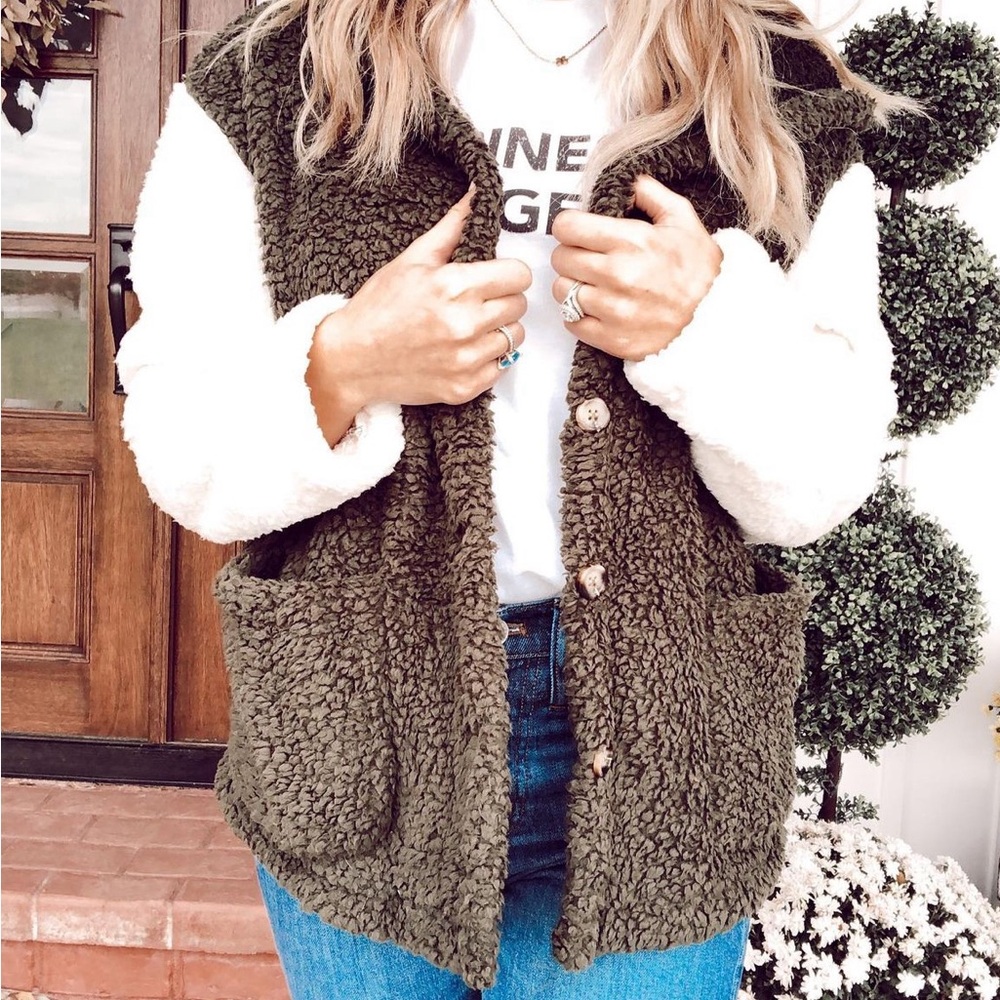 Cozy Olive Green and White Sherpa Jacket